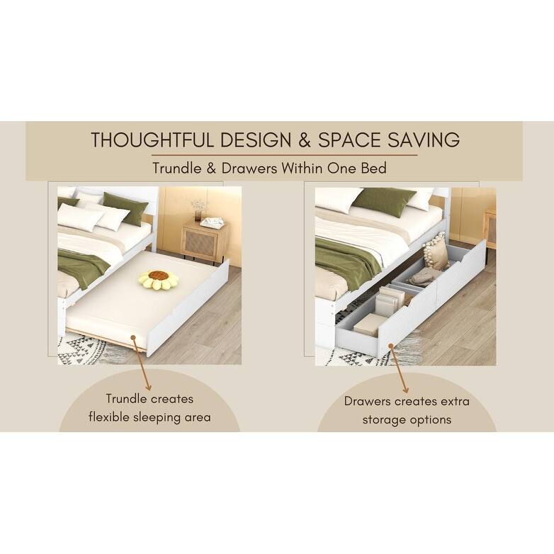 Full Size Wooden Platform Bed Frame with Trundle Bed and 2 Drawers