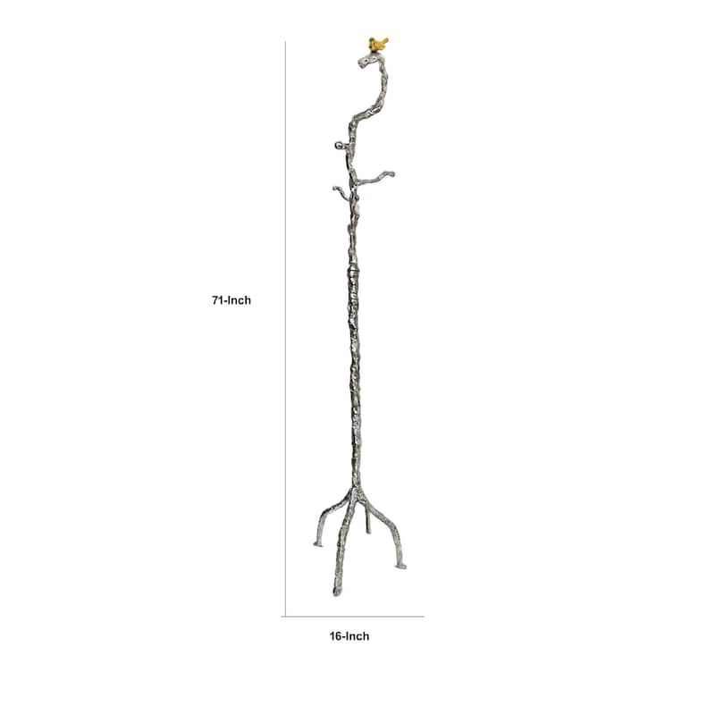 71 Inch Modern Aluminum Coat Stand, Branch Accent, Perched Bird, Silver