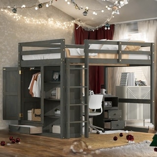 Wood Full Size Loft Bed with Built-in Wardrobe, Desk, Storage Shelves and Drawers