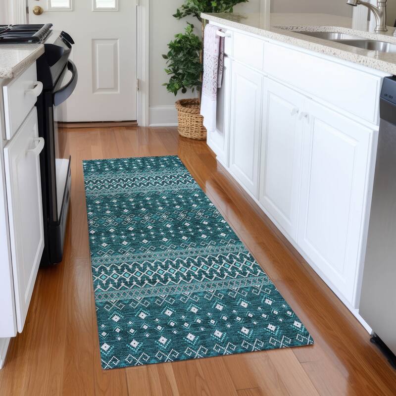Machine Washable Indoor/ Outdoor Chantille Boho Morrocan Rug - Teal - 2'3" x 7'6"