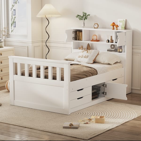 slide 2 of 9, Twin Captain Bed with Bookcase Headboard, Shelves, and Four Storage Drawers, White White