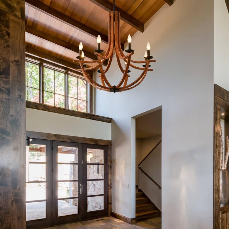 Modern Farmhouse Chandelier Candle Style Retro Wood Grain Chandelier