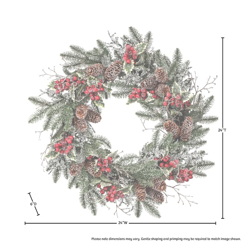 24" Ice/Sequin Pine Berry Holly Wreath