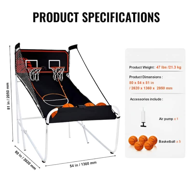 Black-White Steel Dual Hoop Basketball Arcade Game with 8 Games Modes and Foldable Frame - 80” L x 54” W x 81” H