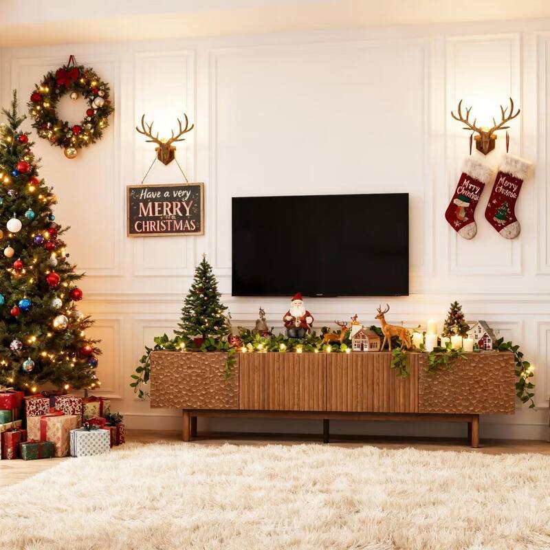 86.6'' Modern Wood TV Stand with Textured Doors & Storage, Media Console for Living Room & Bedroom, Fits TVs up to 90''