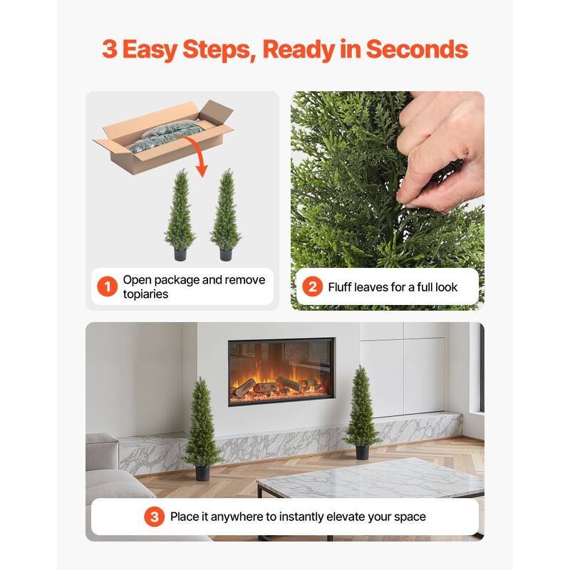 Set of 2 Artificial Topiary Cedar Trees Faux Greenery with Iron & PE Trunks, Weather-Resistant Decorative Plants