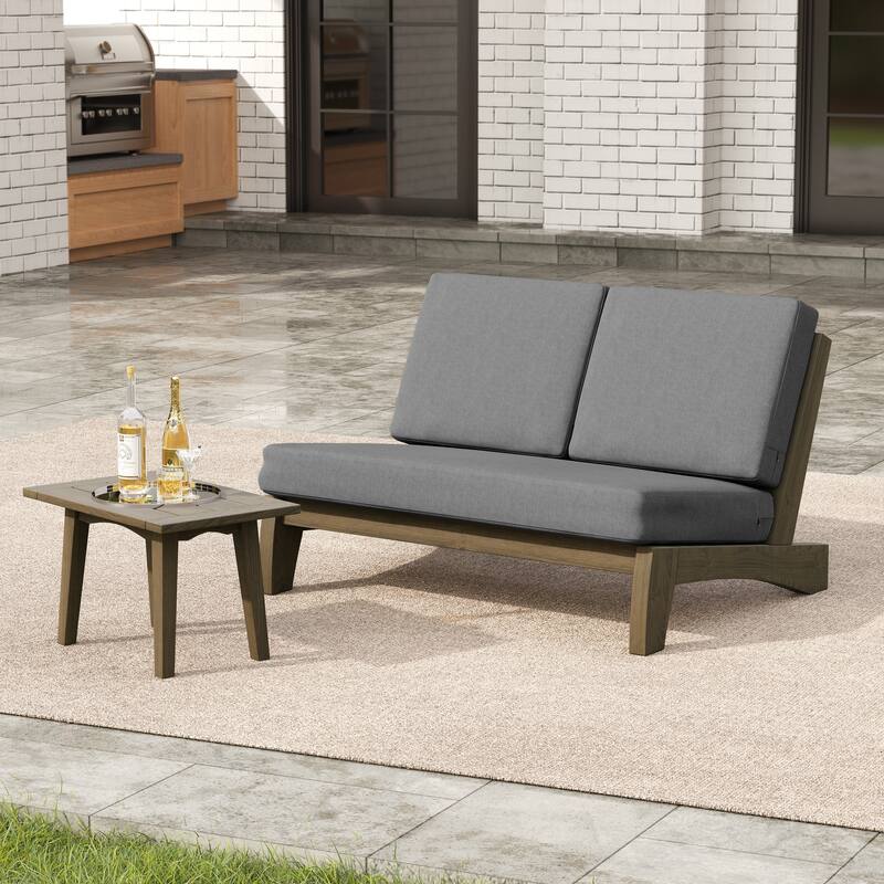 2-Piece Outdoor Teak Wood Loveseat Patio Set with Side Table - Grey-Separate Cushion - Natural Frame
