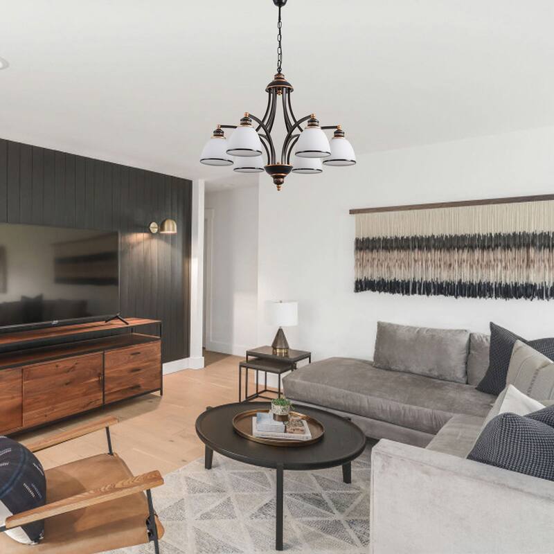 YANSUN 6-Light Oil Rubbed Bronze Farmhouse Industrial Vintage Chandelier with Frosted White Glass Shades - 30.71 in.