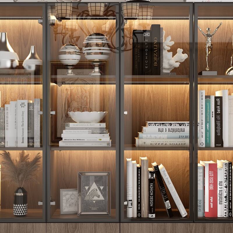 LED-Lit Wood Grain Cabinet - Configurable Storage for Home or Office
