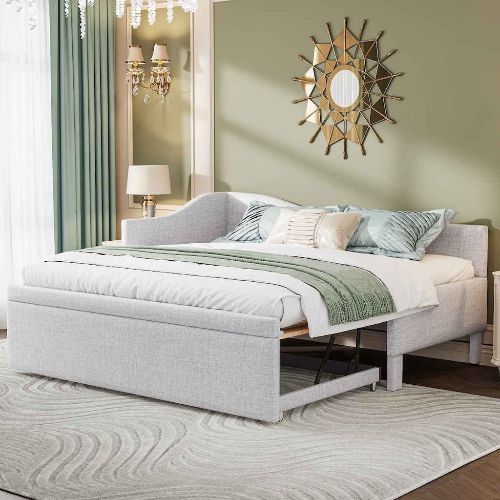 Twin Size L-Shaped Upholstered Daybed with Pop-Up Trundle, Beige