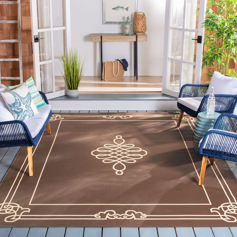 SAFAVIEH Courtyard Vasudha Indoor/ Outdoor Waterproof Patio Backyard Rug - 6'7" x 9'6" - Chocolate/Cream