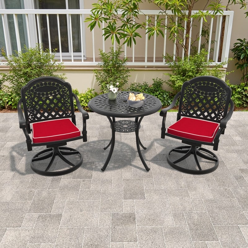 3-Piece Aluminum Round Outdoor Patio Dining Set, 2 Cushioned Swivel Chairs, Table, All-Weather Frames
