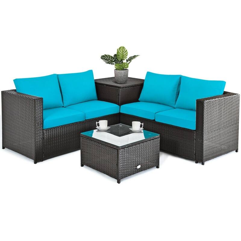 4 Pcs Outdoor Patio Rattan Furniture Set with Cushioned Loveseat and Storage Box