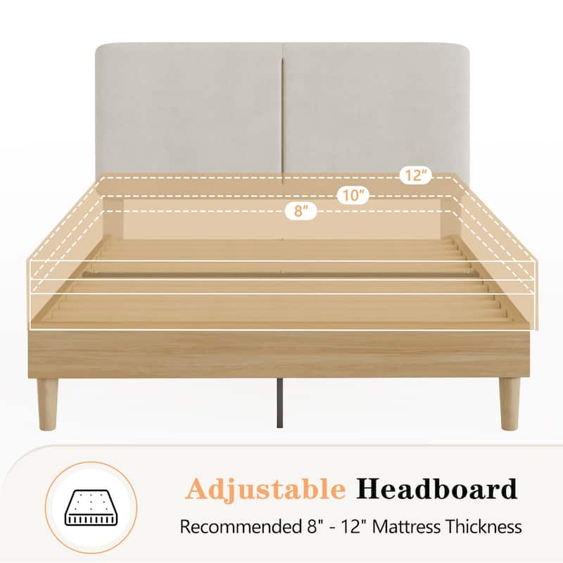Javlergo Upholstered Bed Frame with Linen Fabric Adjustable Headboard Strong Wood Slats Supports No Box Spring Needed