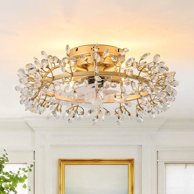 23" Contemporary Gold 4-Light Crystal Low-Profile Flush Mount Ceiling Fan with Remote
