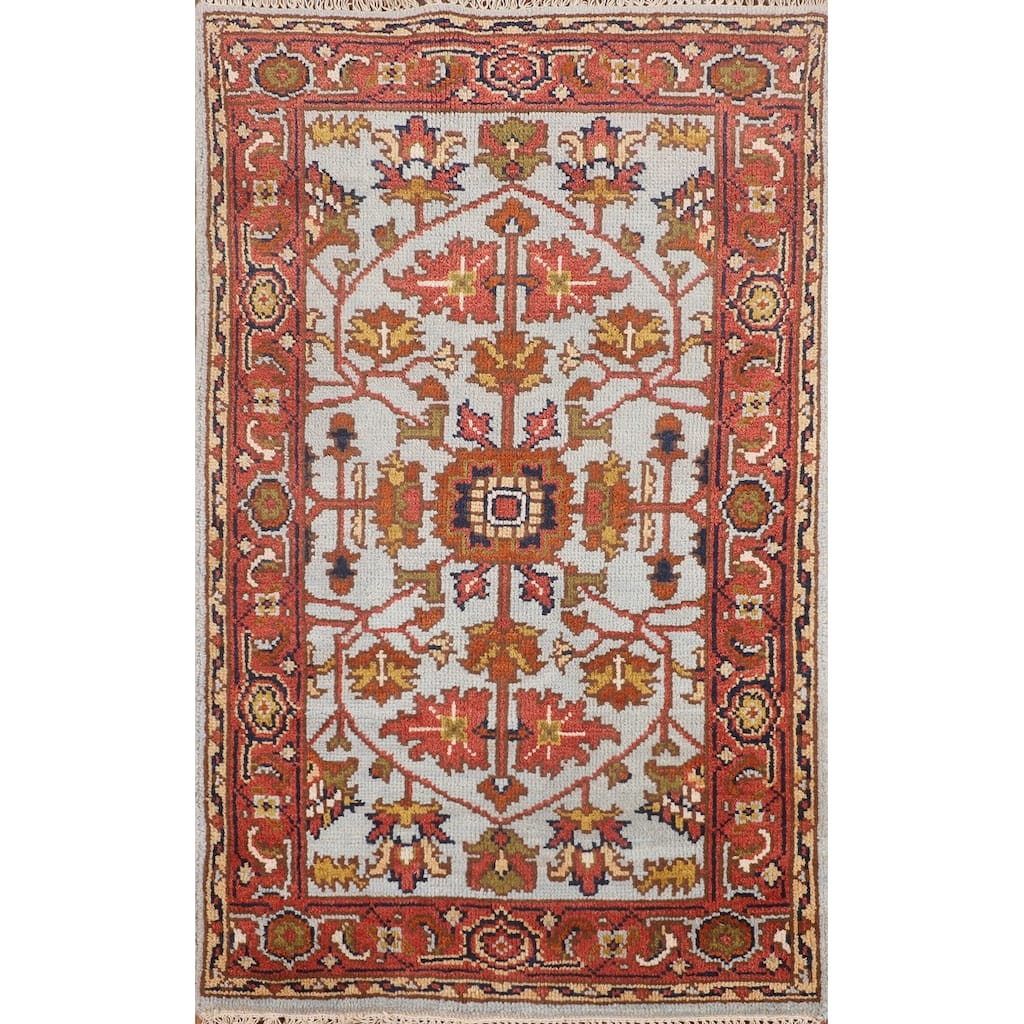 Light Blue Heriz Serapi Oriental Foyer Rug Hand-Knotted Wool Carpet - 2'11"x 4'11"