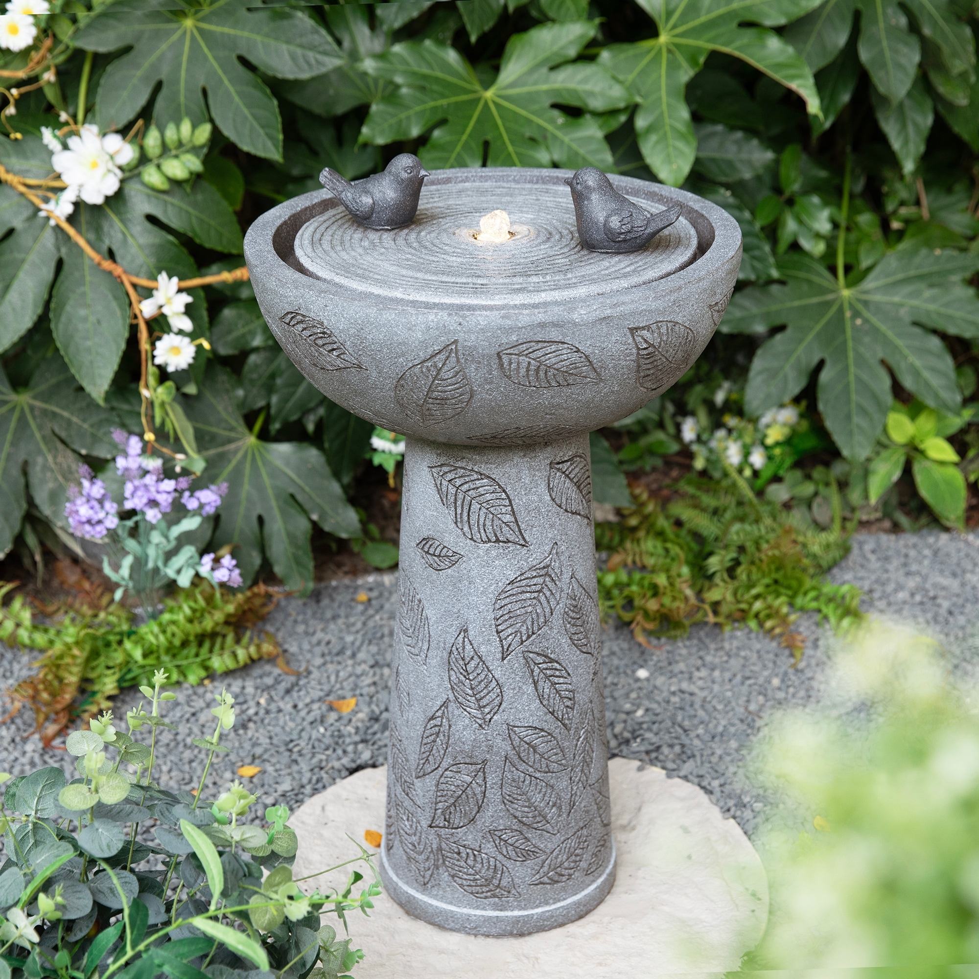 Glitzhome Single or 2-Tier Birdbath Polyresin Outdoor Floor Fountain with Birds, Pump and LED Light