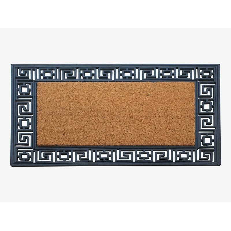A1HC Rubber Coir Greek Key Border Tray Mat ,Outdoor Doormat 24" X 36" - Black/Beige