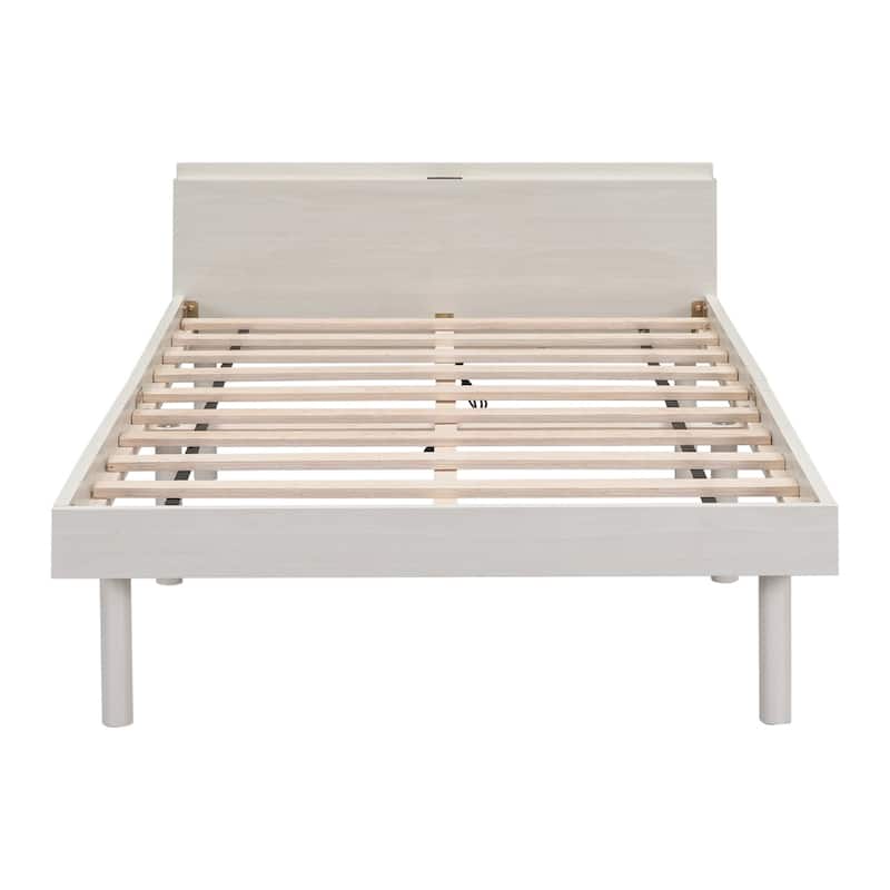 Modern Twin Size Wooden Platform Bed Frame with USB Ports, Slats