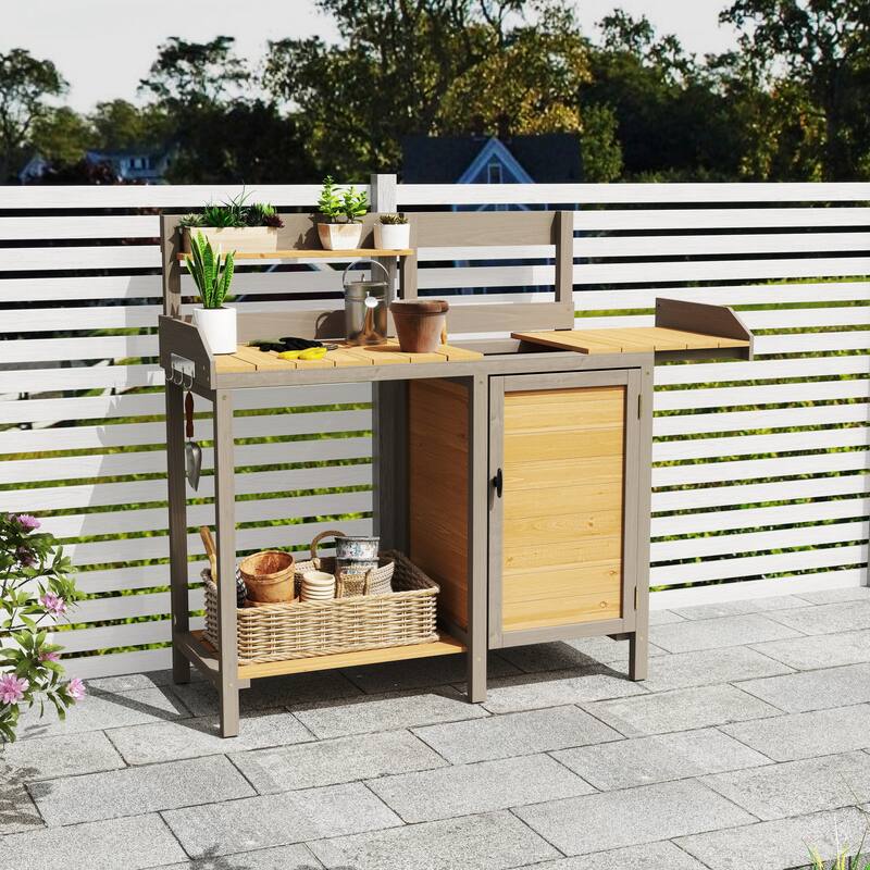 Outdoor Potting Table Bench with Spacious Top and Open Shelf, Wooden Garden Workstation Table for DIY Projects