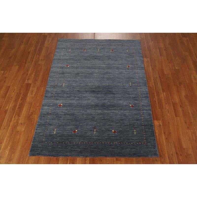 Tribal Gabbeh Oriental Area Rug Hand-Knotted Blue Wool Carpet - 4'1" x 5'11"