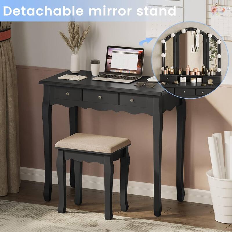 Vanity Desk Set Makeup Vanity Lighted Tri-fold Mirror and Stool