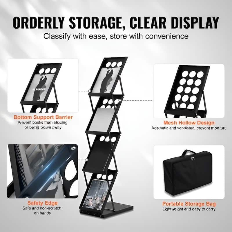 Foldable 4-Tier Magazine Rack with Carry Bag, Brochure Display Stand - 10.63 x 14.17 X 49.21 in