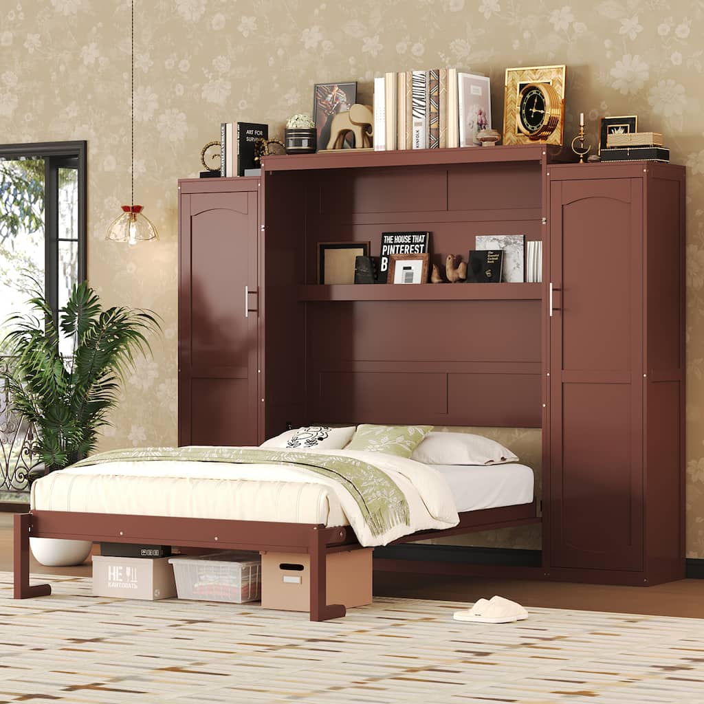 Space-Saving Full Size Murphy Bed with 2 Wardrobes & Storage Shelf, Foldable Platform Bed Frame in Walnut