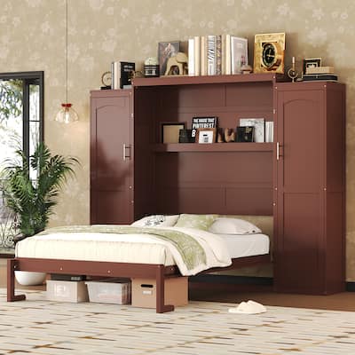 Wooden Murphy Bed Foldable Wall Bed with 2 Sides Wardrobe and Storage Shelf, Hidden Cabinet Bed Frame, No Box Spring Needed