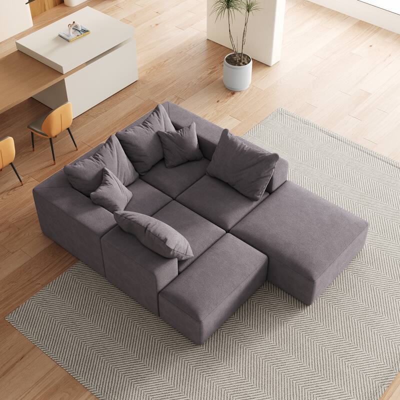 Upholstered Sectional Boneless Couch Set,Modular 132" L Shaped Sectional With 6 Pillows,Free Combination Sofa Couch - Grey
