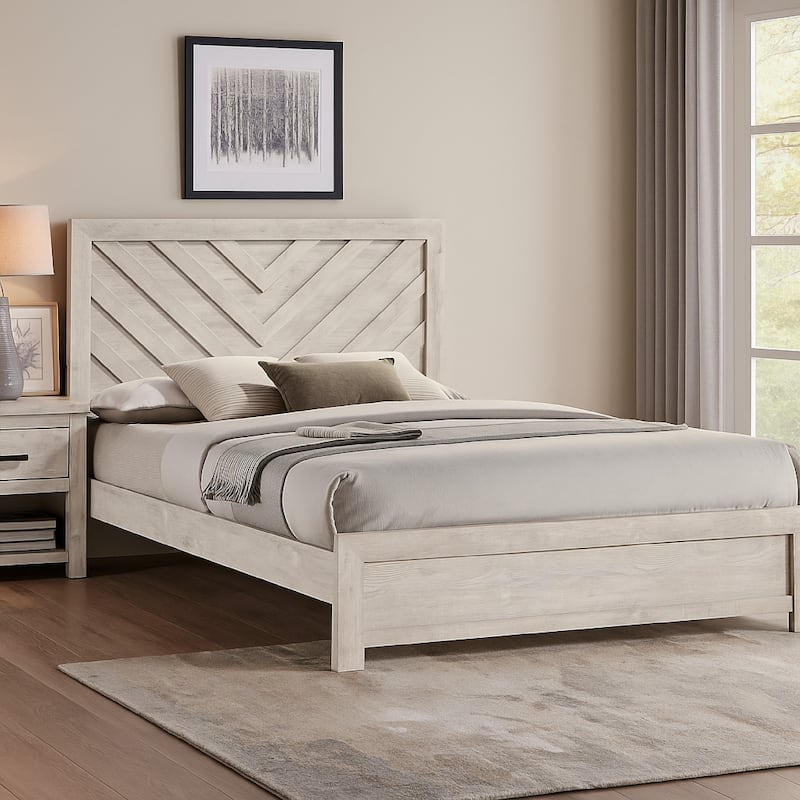 Velz King Size Bed w Chevron Patterned Headboard, Beige Wood Finish