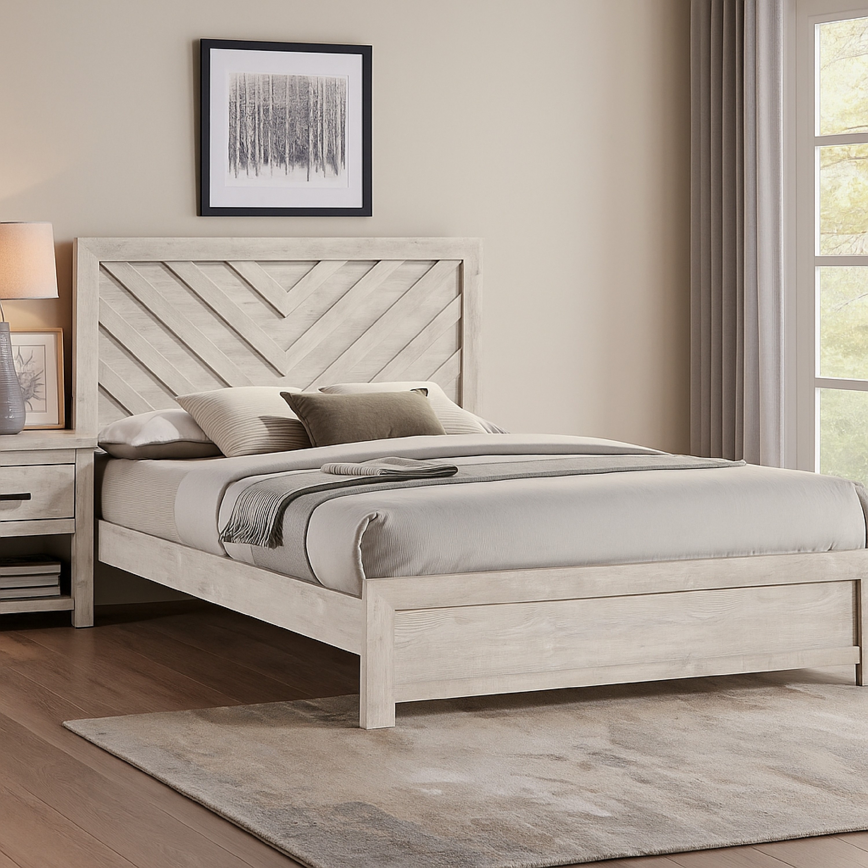 新品head board TALENT 154 Velz Queen Size Bed w Chevron Patterned Headboard, Beige Wood