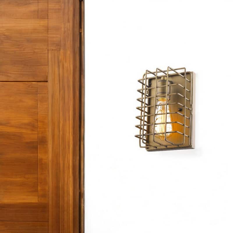 Light Gold Metal Wall Sconce with Wire Cage Shade Flush Mount, Hardwired - 4” x 6” x 9” (D x W x H)