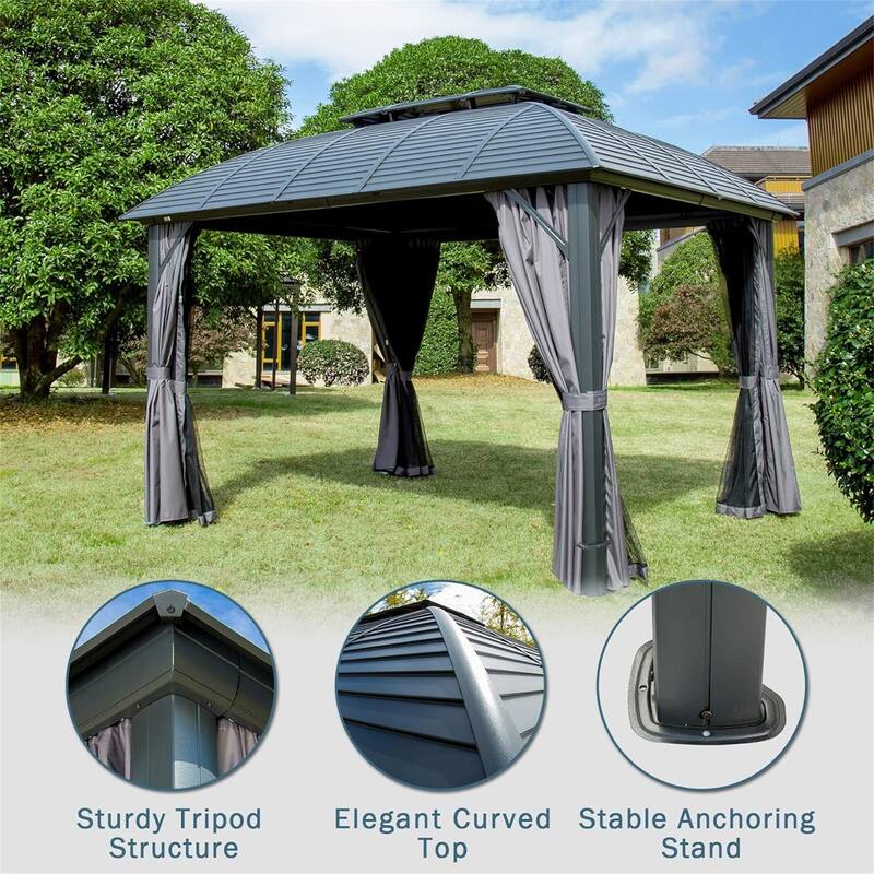 GDFStudio - Highland Crest Hardtop Gazebo Pavilion with Double Roof, Curtains & Netting for Outdoor Living Spaces