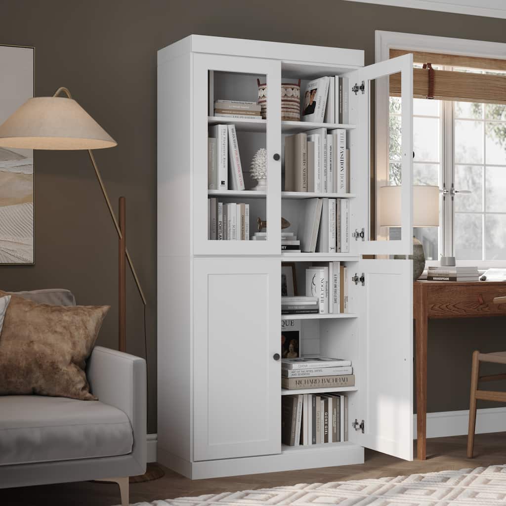 Palace Imports 100% Solid Wood 6-Shelf Bookcase, Shaker & Clear Glass Doors, Adjustable Shelves, 32" Wide, 71.5" Tall