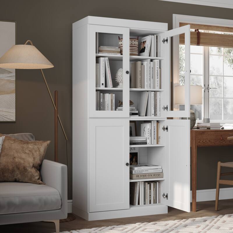 Palace Imports 100% Solid Wood 6-Shelf Bookcase with Clear Glass, Shaker Doors and Adjustable Shelves - White