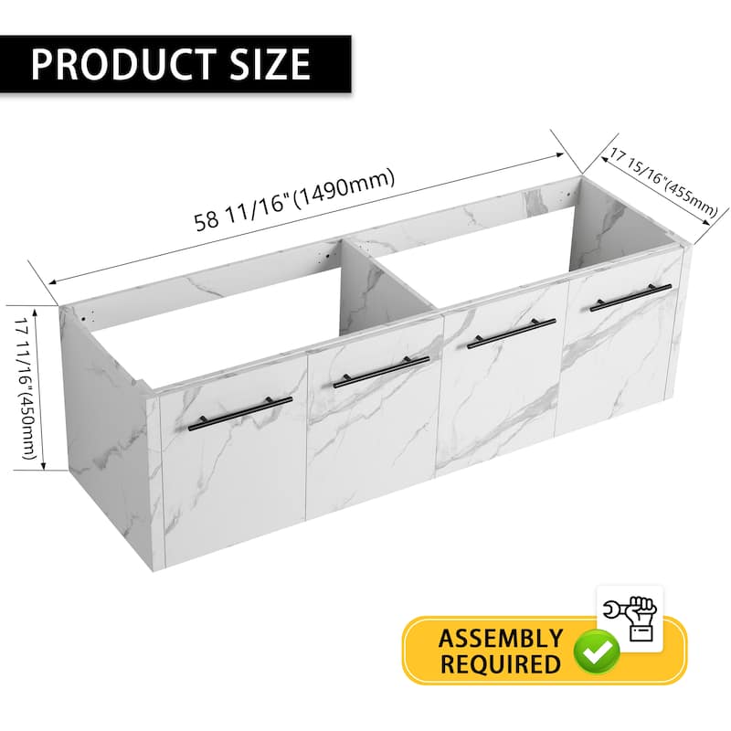Modern 60 Inch Wall-Mounted Bathroom Vanity Base with Soft-Close Doors, No Sink Included