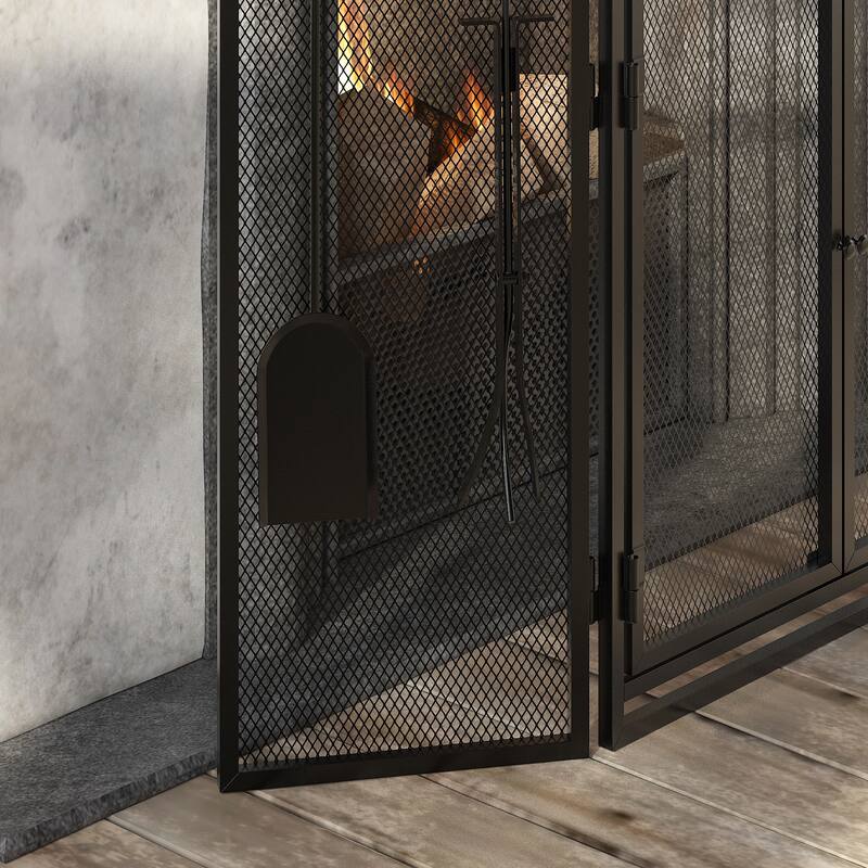 3-Panel Fireplace Screen with Doors and Tools Set, Wrought Iron Mesh Spark Guard for Indoor Fireplace Safety