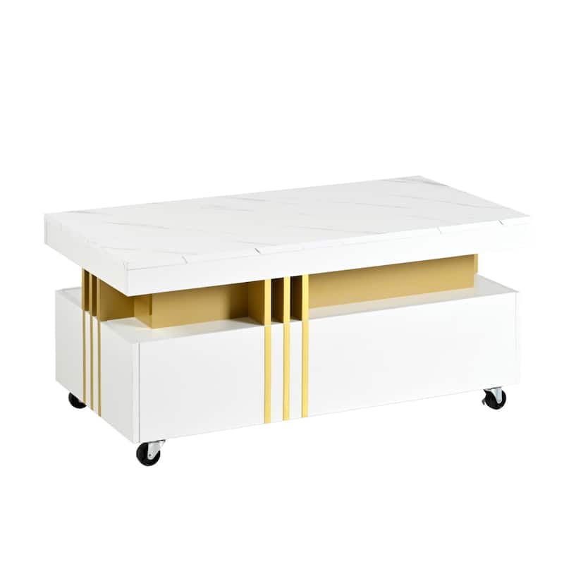 Roomfitters Rectangle Coffee Table with Faux Marble Top, Modern Center Table with Gold Metal Frame and Wheels