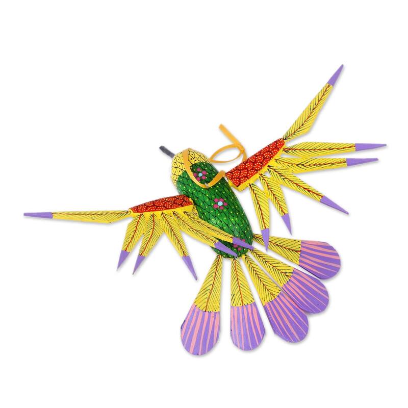 Novica Handmade Fanciful Flutter In Yellow Wood Alebrije Ornament - 3" H x 8.75" W x 7" D