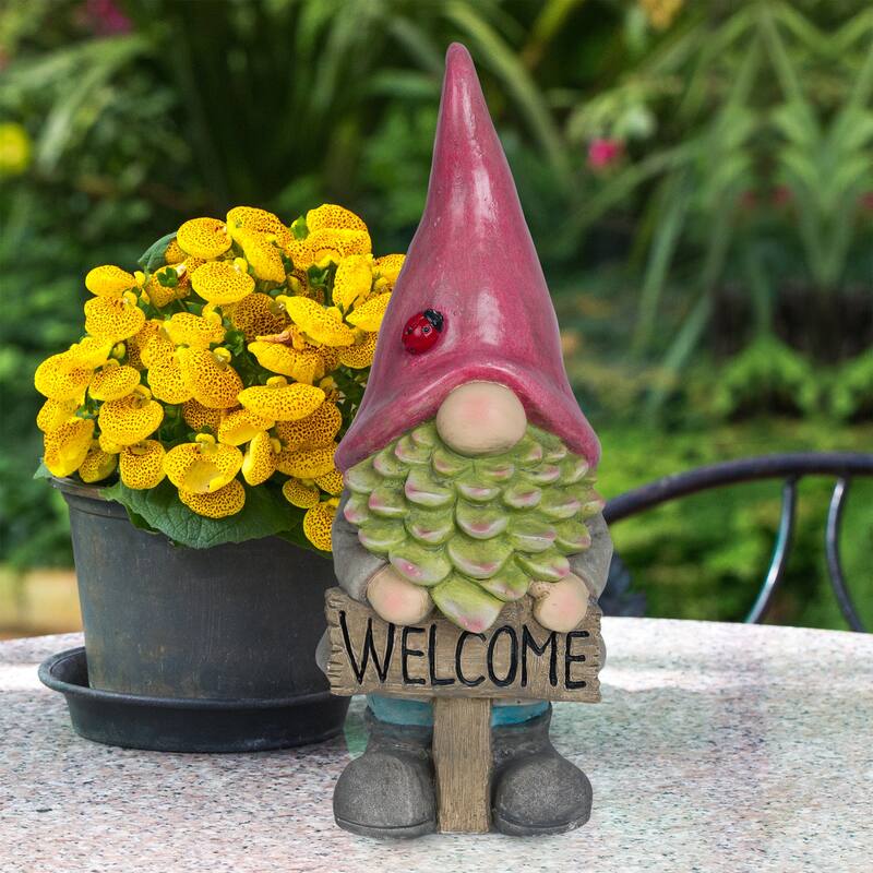 Gnome with Red Hat Holding "Welcome" Sign