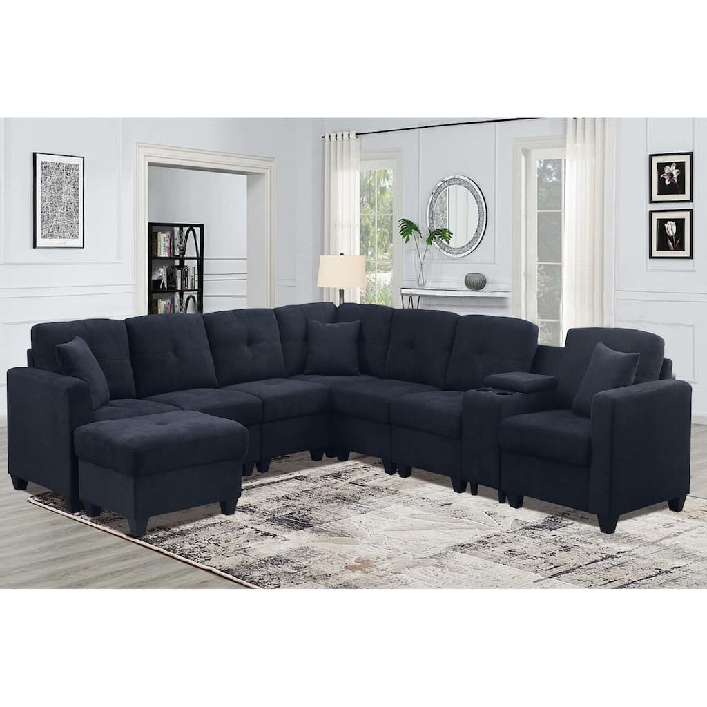 Dark Blue Velvet 7-Seat Sectional Sofa 127 Inch Plush Microfiber Solid Wood Frame