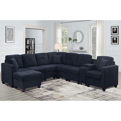 Sectional Sofa, Dark Blue Velvet, 127x93x35 inches, 313 lbs, w/Microfiber, Cup Holders, Solid Wood Frame