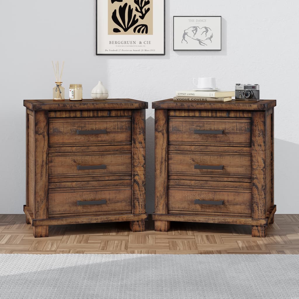 Roomfitters Rustic Farmhouse Nightstand Set of 2, Three-Drawer Design, Crafted from Reclaimed Solid Wood, Natural