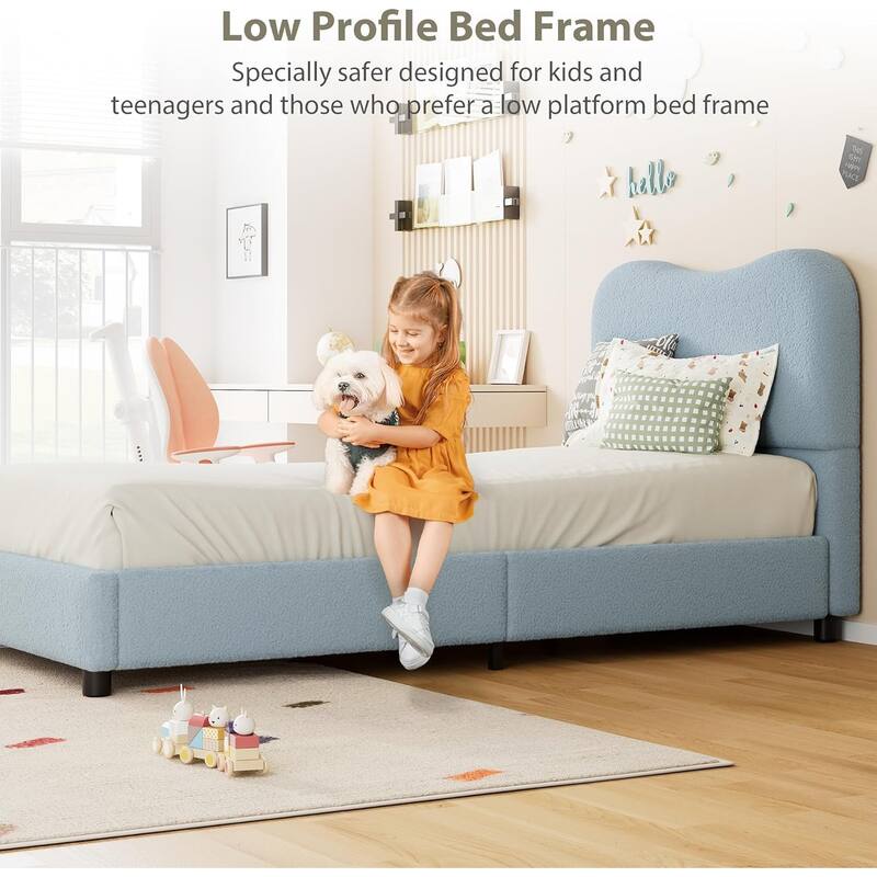 Kids Upholstered Platform Bed, Soft Boucle Fabric with Low Profile Frame & Wood Slats, Boys/Girls Bedroom