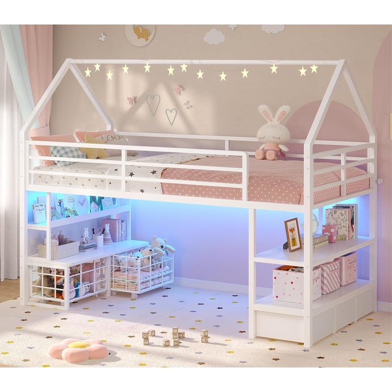 House Low Loft Bed Twin Size 5 Storage Drawers Bookcase LED Lights