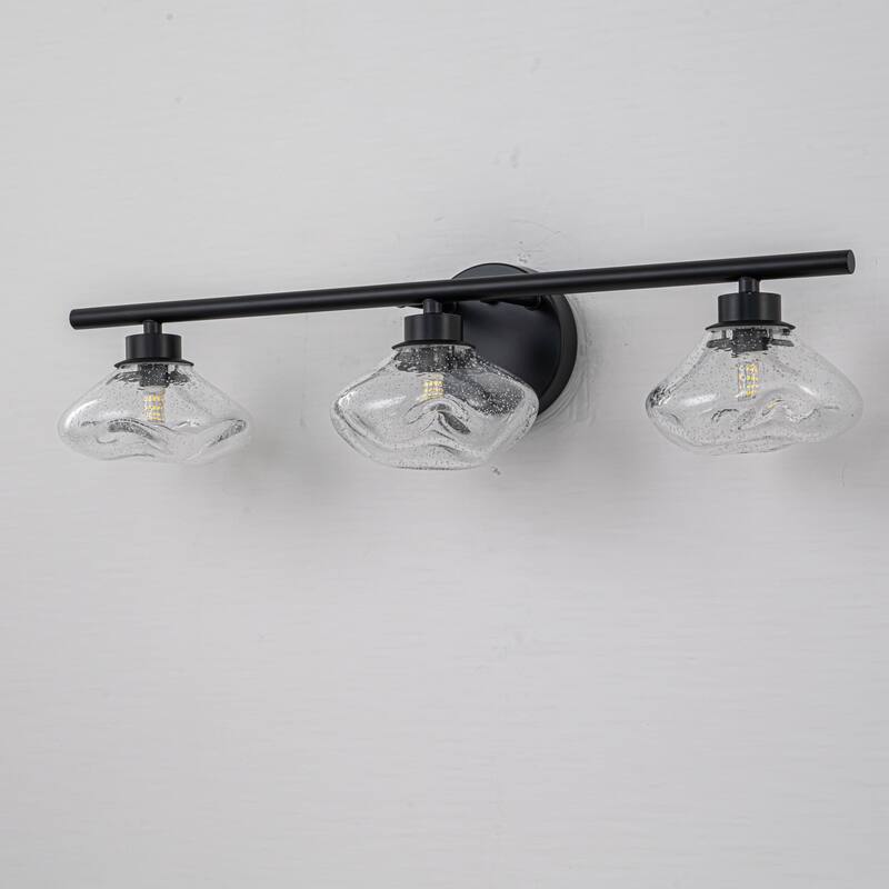 3-Light 24.4" Modern Black/Gold Bathroom Vanity Light with Stone-Shaped Seed Glass Shades