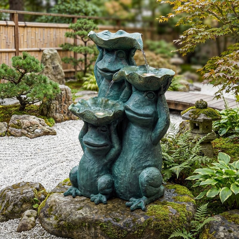 Zen 3-Tier Frog Fountain with Water Bowls and LED Lights for Outdoor Use
