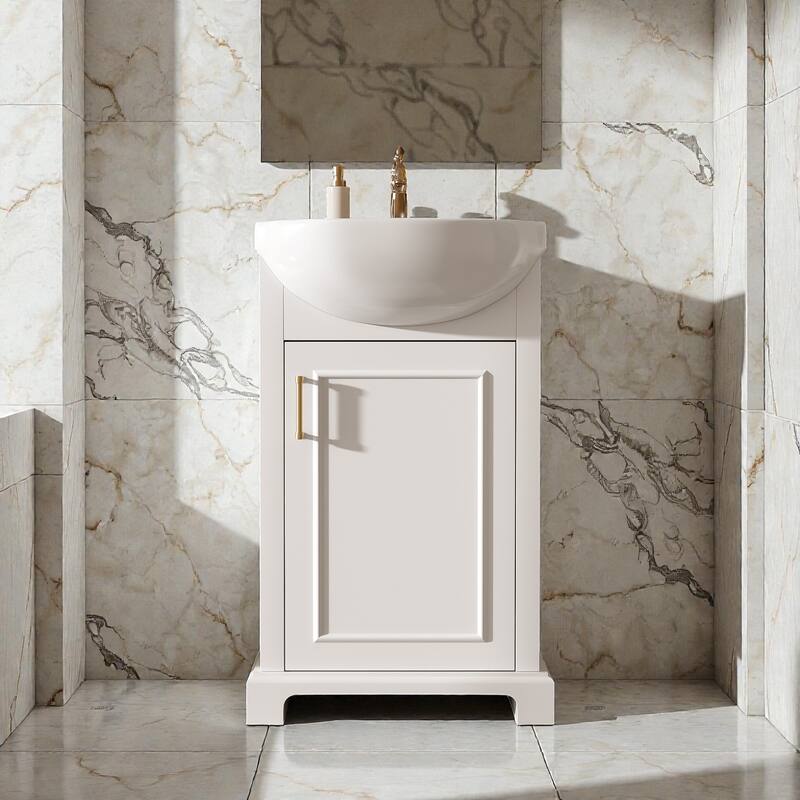 20" Bathroom Vanity with Bulged Ceramic Sink, French Style Freestanding Single Vanity with Soft-Close Door - White
