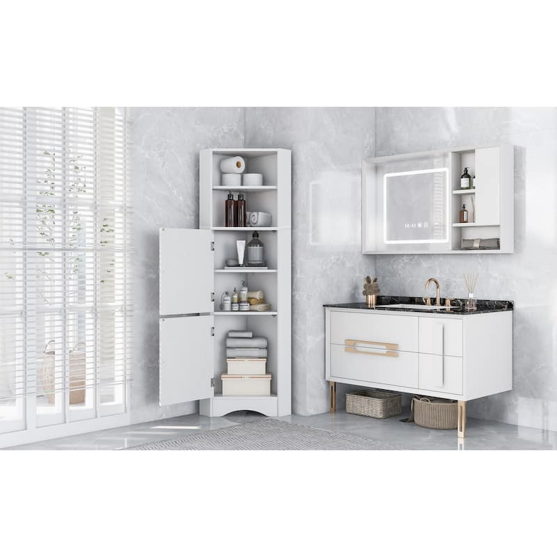 Roomfitters Tall Bathroom Corner Cabinet with Adjustable Shelves and Doors Freestanding MDF Storage Tower